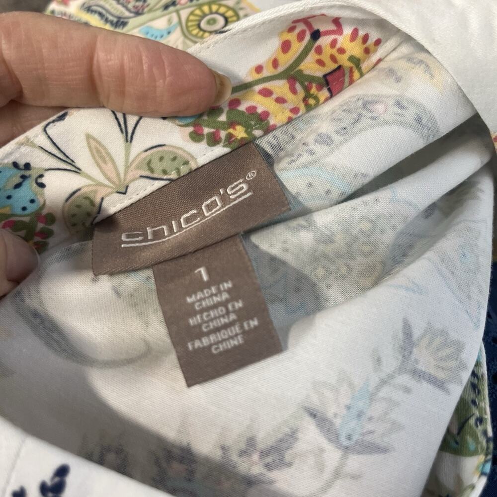 Chico's Jacket Womens sz 1 (8/10) White Blue Pink Paisley Stretch Summer Wedding - Picture 8 of 8